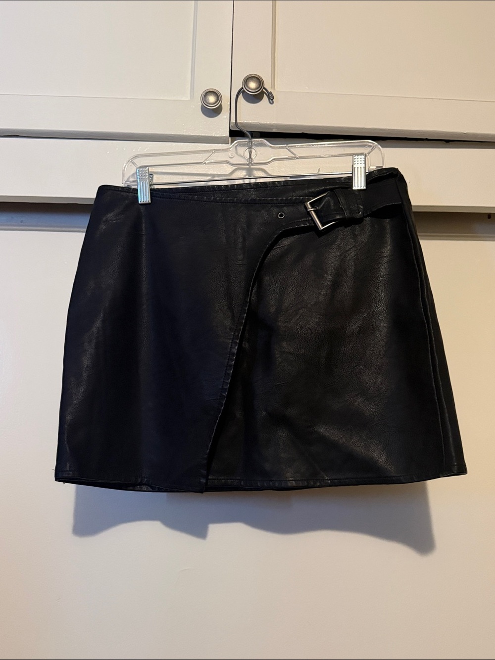 BB Dakota Black Faux Leather Wrap Mini Skirt with Buckle